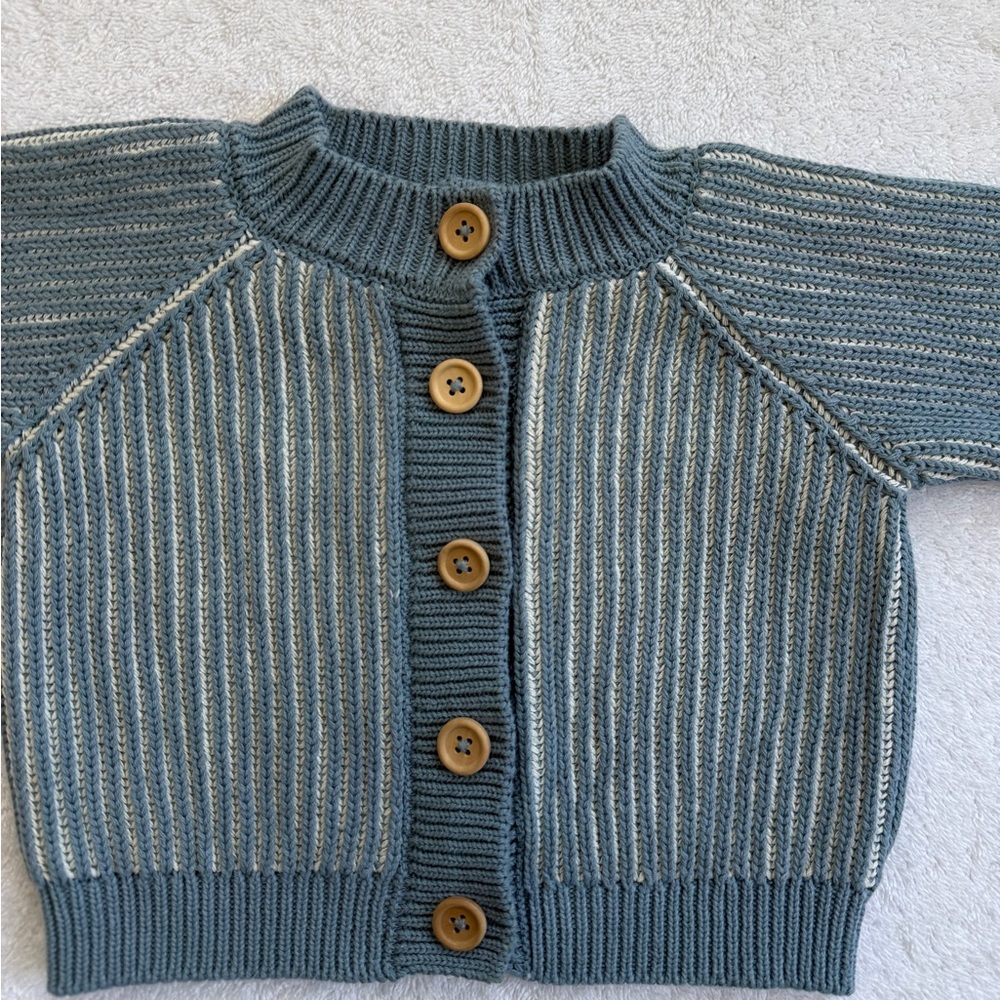 The Blueberry Hill Striped Ribbed Baby Cardigan - Slate Blue & Cream